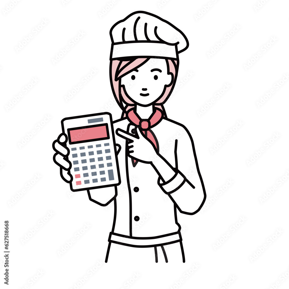 立って電卓を指差してこちらに向けて見せている調理師の女性 立って電卓を指差してこちらに向けて見せている調理師の女性
