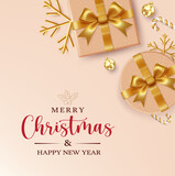 Merry christmas text vector design. Christmas and new year greeting with elegant gift surprise decoration elements. Vector illustration holiday season background.
