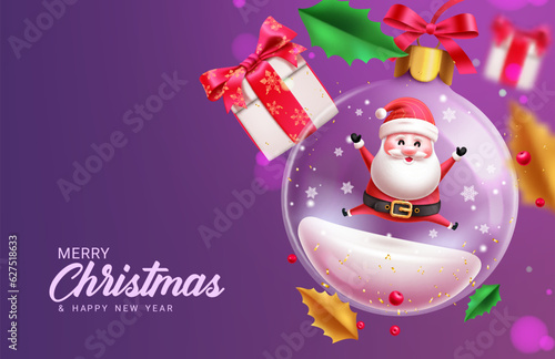 Merry christmas text vector design. Christmas santa claus in crystal glass xmas ball with gift box decoration elements. Vector illustration season greeting card background.
