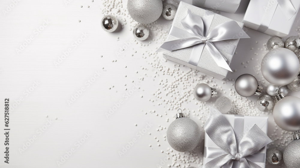 Fototapeta premium Elegant silver and white gift backgrounds. Backgrounds of beautiful Christmas gifts. 