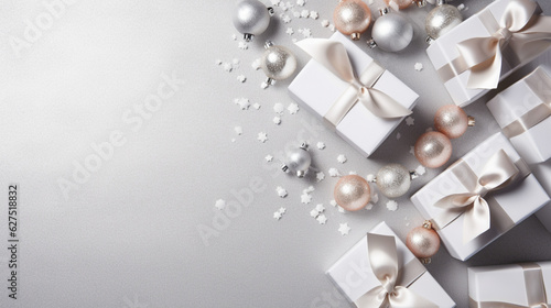 Elegant silver and white gift backgrounds. Backgrounds of beautiful Christmas gifts. 