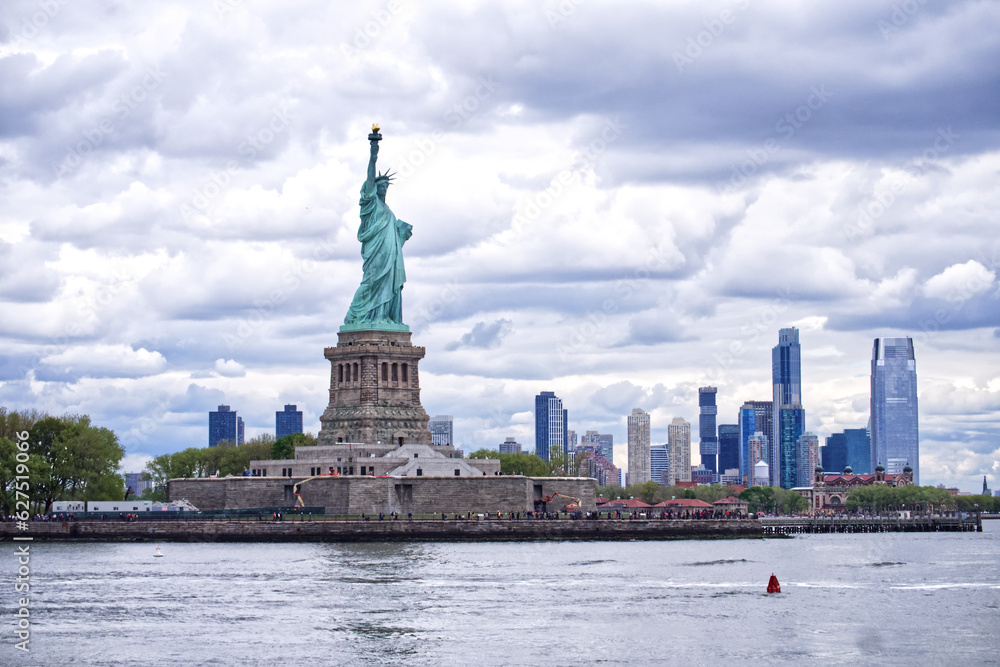 Panoramic view of New York City with Statue of Liberty 