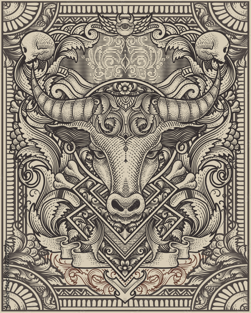 Illustration of Bull head tribal style with vintage engraving ornament in back perfect for your business and Merchandise