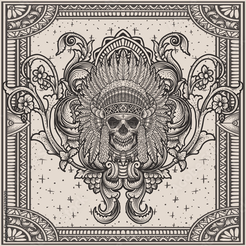 Illustration of indian apaches skull head with vintage engraving ornament in back perfect for your business and Merchandise