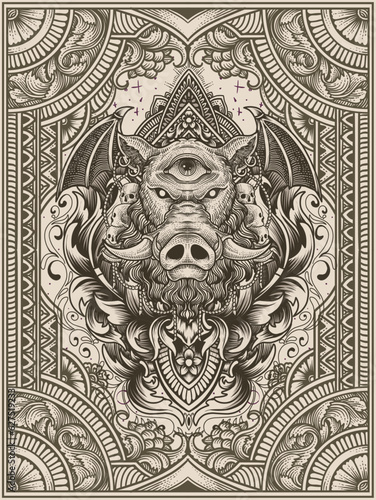 Vector illustration. wild boar head with two angel vintage engraving ornament style perfect for your business and T shirt merchandise