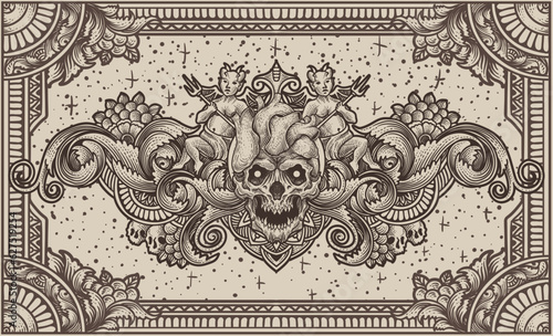 Illustration of heart skull with vintage engraving ornament in back perfect for your business and Merchandise