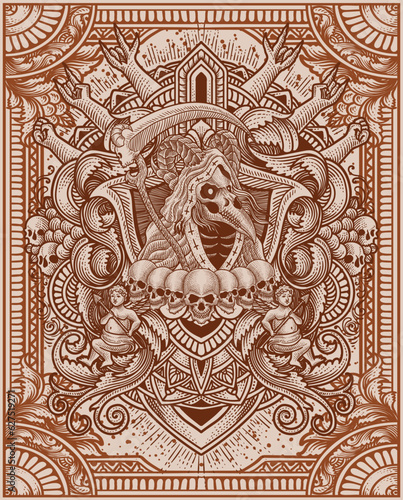 Illustration of scary grim reaper skull with vintage engraving ornament in back perfect for your business and Merchandise