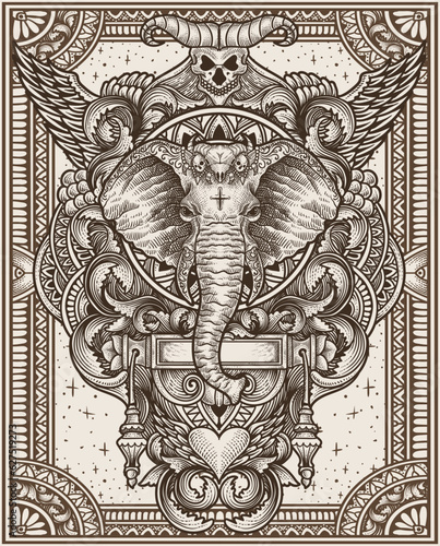 Illustration of Elephant head with vintage engraving ornament in back perfect for your business and Merchandise © Bayu