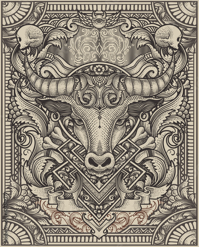 Illustration of Bull head tribal style with vintage engraving ornament in back perfect for your business and Merchandise