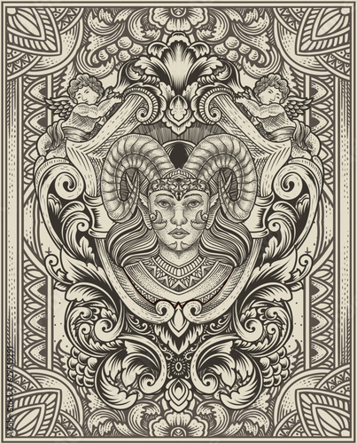 Vector illustration. beautiful demon girl with vintage engraving ornament style perfect for your business and T shirt merchandise
