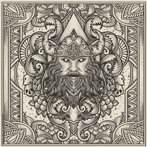 Illustration of viking head with vintage engraving ornament in back perfect for your business and Merchandise