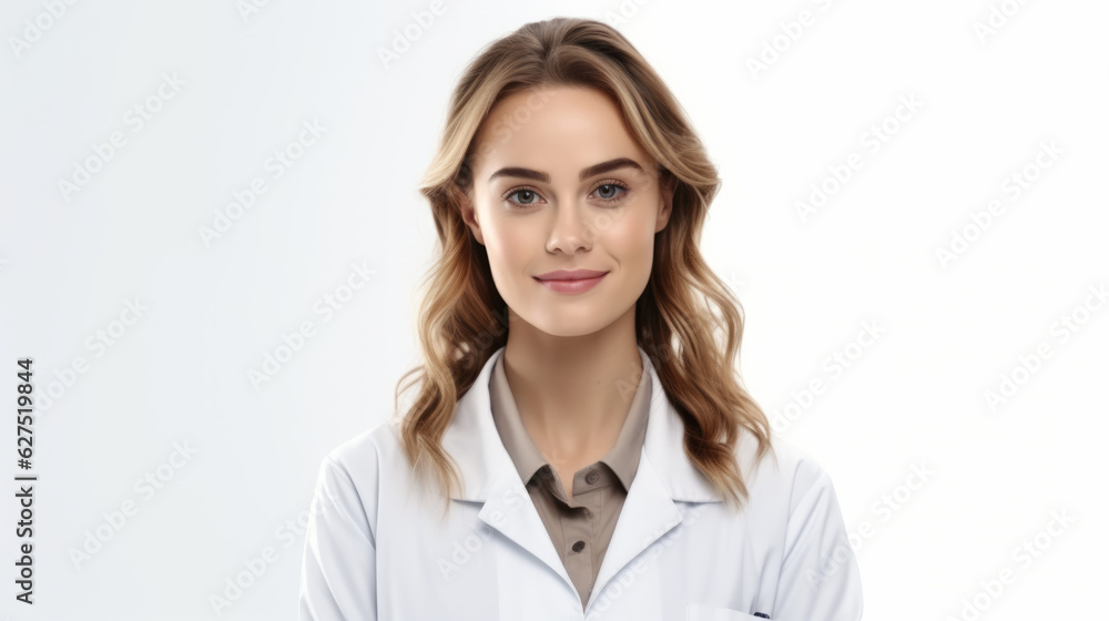 Smiling female doctor in lab coat with arms crossed against lighten background. Generated ai Smiling female doctor in lab coat with arms crossed against lighten background. Generated ai