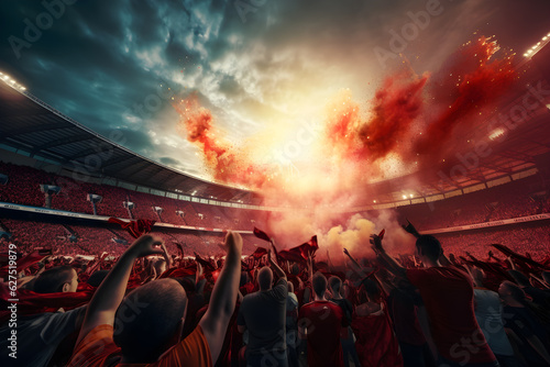 Soccer fans cheering their team with at crowded stadium, AI generate © Black Pig