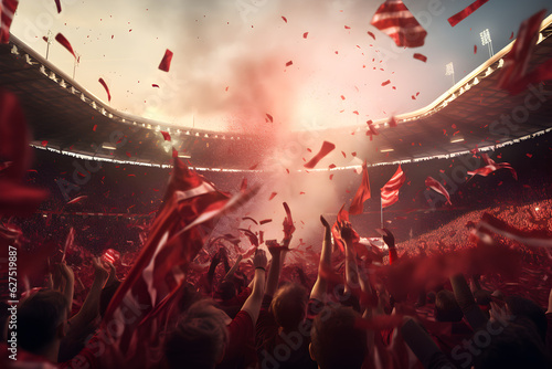 Soccer fans cheering their team with at crowded stadium, AI generate