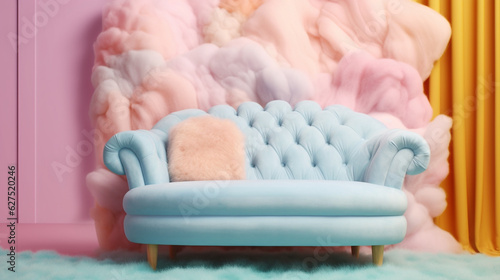 Creative, sweet and fantasy spaces. Pastel scenery with background curtains, clouds and original and dreamy sofas. Romantic spaces.