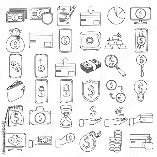 Money Related Doodle vector icon set. Drawing sketch illustration hand drawn line eps10