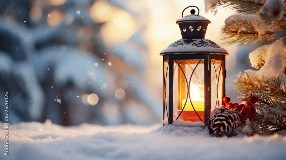 Fototapeta premium Christmas Lantern On Snow With Fir Branch and ornaments in the Sunlight. Winter Decoration Background, generated ai.