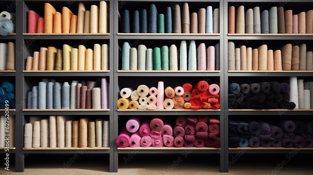 Fabrics and fabric rolls organized on shelves. Workshop and shop for fashion designers, dressmakers, pattern makers and tailors. Cloth store. Shelves and walls full of organized fabrics.