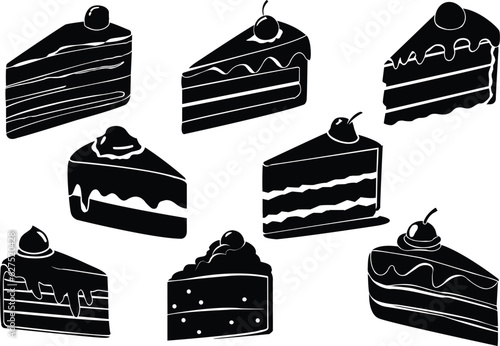 Cake slice silhouettes set. Set of black and white cake slices. Vector illustration