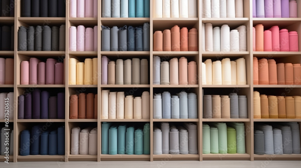 Fabrics and fabric rolls organized on shelves. Workshop and shop for fashion designers, dressmakers, pattern makers and tailors. Cloth store. Shelves and walls full of organized fabrics. Fabrics and fabric rolls organized on shelves. Workshop and shop for fashion designers, dressmakers, pattern makers and tailors. Cloth store. Shelves and walls full of organized fabrics.
