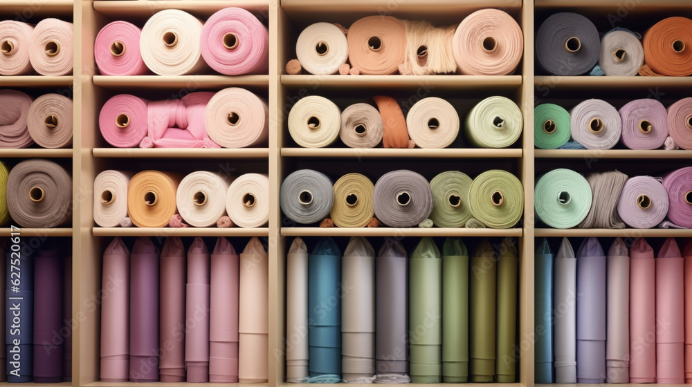Fototapeta premium Fabrics and fabric rolls organized on shelves. Workshop and shop for fashion designers, dressmakers, pattern makers and tailors. Cloth store. Shelves and walls full of organized fabrics.