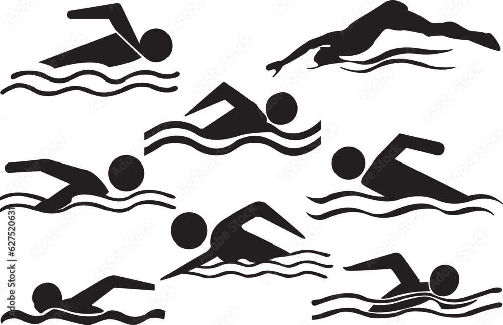 Set of black swimming icons. Set of swimming silhouettes. Swimming vector illustrations.