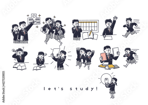 成績向上を目指して勉強している学生の男女のイラストセット