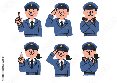 色々な表情の警察官または警備員のセット