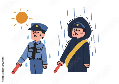 天候の悪い時も外で働く警察官または警備員のイラスト