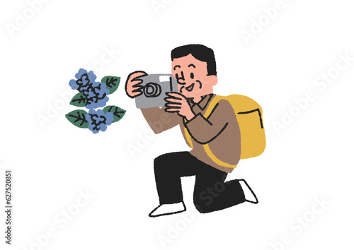 趣味の写真を楽しむ高齢者男性のイラスト