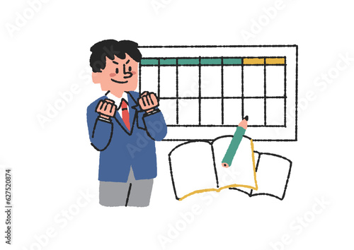 きちんと計画を立てて勉強をする学生の男の子のイラスト