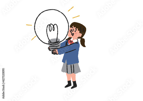 大きな電球を持っている学生の女の子のイラスト