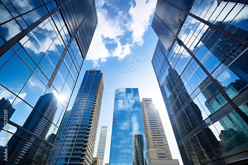 a row of tall skyscrapers, their glass facades reflecting the blue sky and white clouds