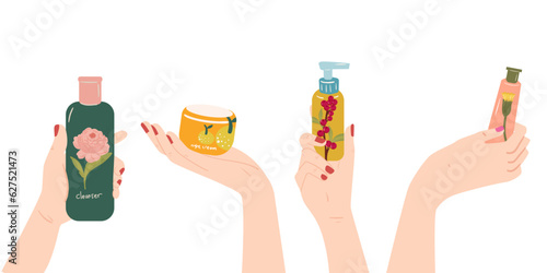 Hand holding trendy beauty product set illustration