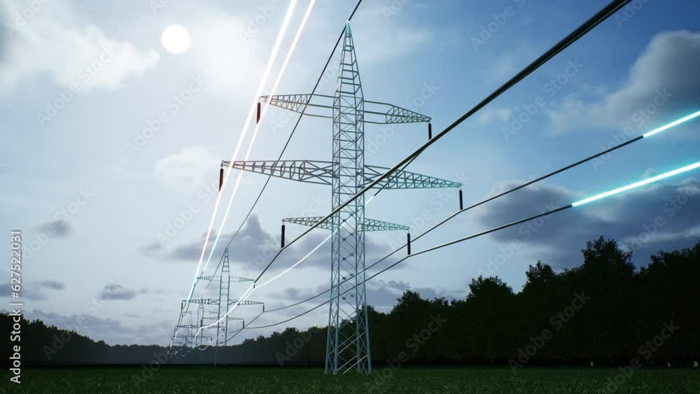 Timelapse visualization of energy travelling industrial power tower high voltage cables over cloudy sky during day-night cycle. Electricity obtained from sustainable sources, 3d render animation