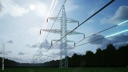 Timelapse visualization of energy travelling industrial power tower high voltage cables over cloudy sky during day-night cycle. Electricity obtained from sustainable sources, 3d render animation