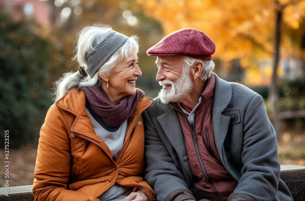 Happy elderly couple embracing in autumn park, generative AI 