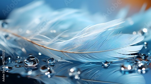 美しい青い羽根と水滴の背景