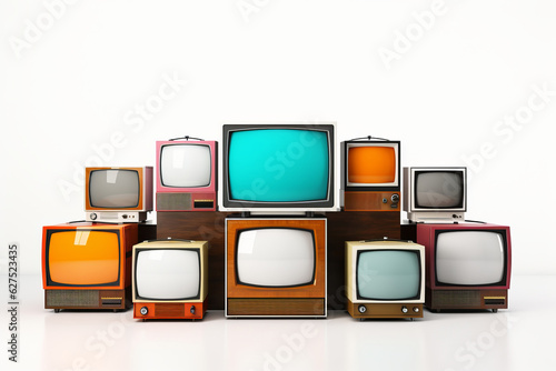 A collection of old vintage retro tv television sets in a stack photo