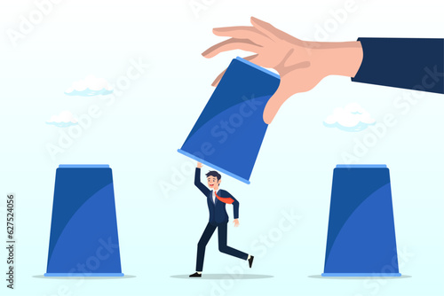 Employer hand lifting up the chosen cup to choose candidate businessman from guess game cups, HR, Human resources choosing candidate, career choice or hiring manager and employment concept (Vector)