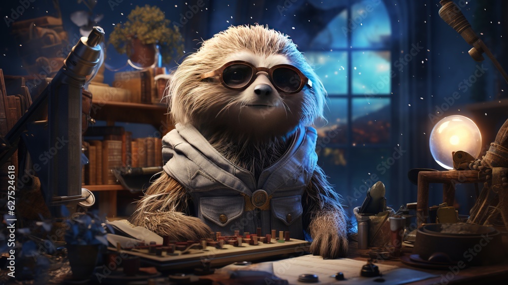 anthropomorphic otter astronomer, digital art illustration anthropomorphic otter astronomer, digital art illustration