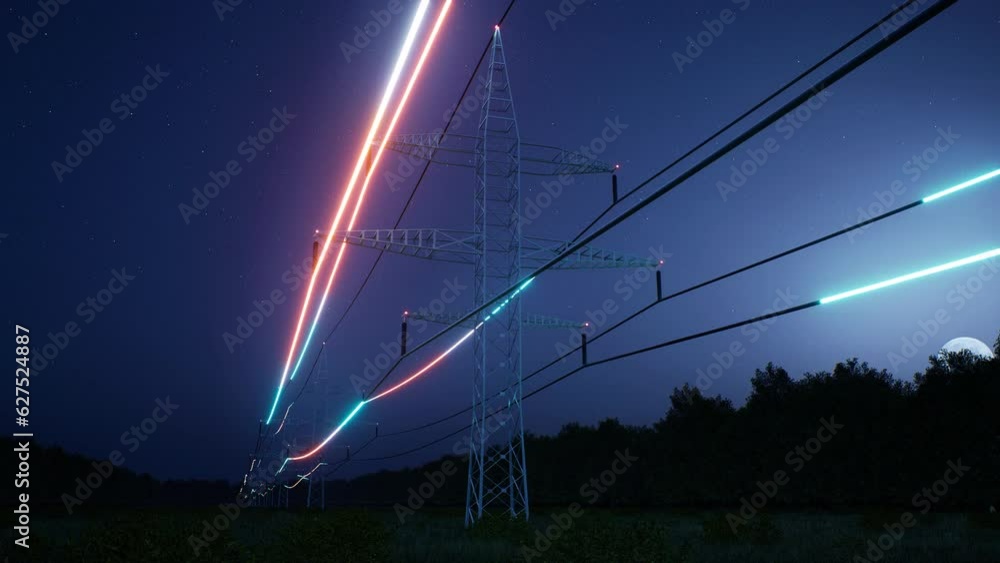 Visualization of energy flowing through overhead power lines used in electric transmission and distribution. Steel tower high voltage electrical cables over night sky, 3d render animation