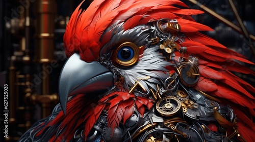 anthropomorphic red bird metalsmith, digital art illustration