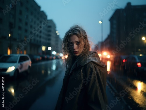 Street portrait of a fictional beautiful young woman wearing warm clothes under the rain in a big city at night. Generative AI. © Tuyres