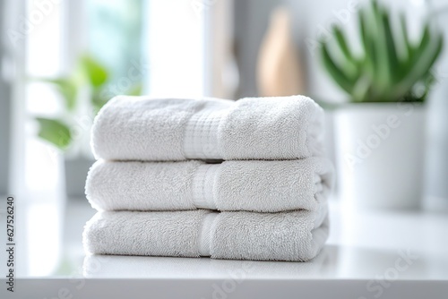 stack of clean white towels on a table with blur background, created by Generative AI