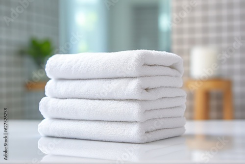 stack of clean white towels on a table with blur background  created by Generative AI