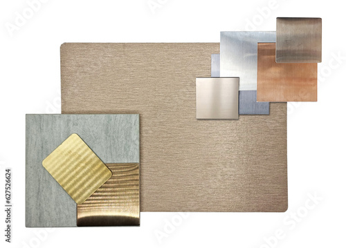 luxury interior material samples including brushed gold stainless, bronze and nickle silver aluminum, copper laminated, silver alloy, travertine tile isolated on background with clipping path. photo