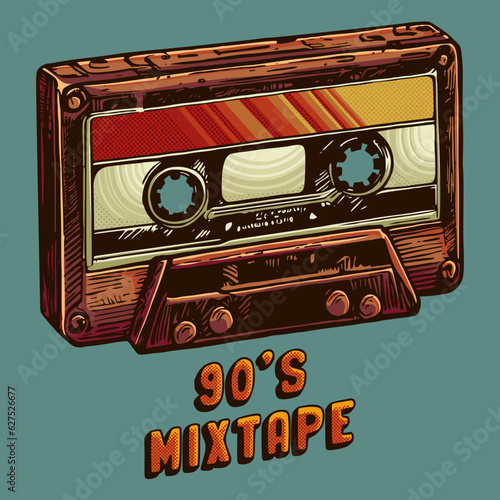 Audio cassette tape vector illustration. Hand
drawn vintage cassette tape. Retro cassette tape.
Perfect design for t-shirt, print, poster, emblem, patch, sticker. World music day celebration.