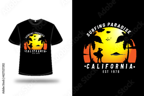 t-shirt surfing paradise california est 1978 color orange and black
