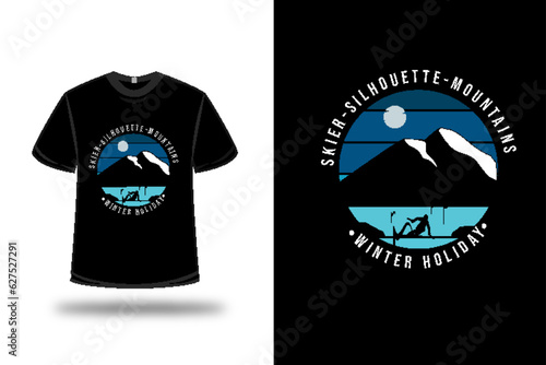 t-shirt skier silhouette mountains winter holiday color blue and black